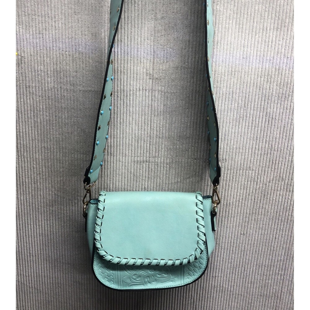 Kiss Me Couture Faux Leather Wide Crossbody Western Purse Embossed Teal